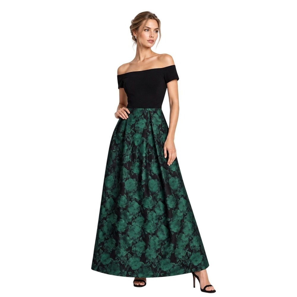 Alex Evenings Ball‎ Gown Women's Size 12 Black Green Brocade Evening Dress